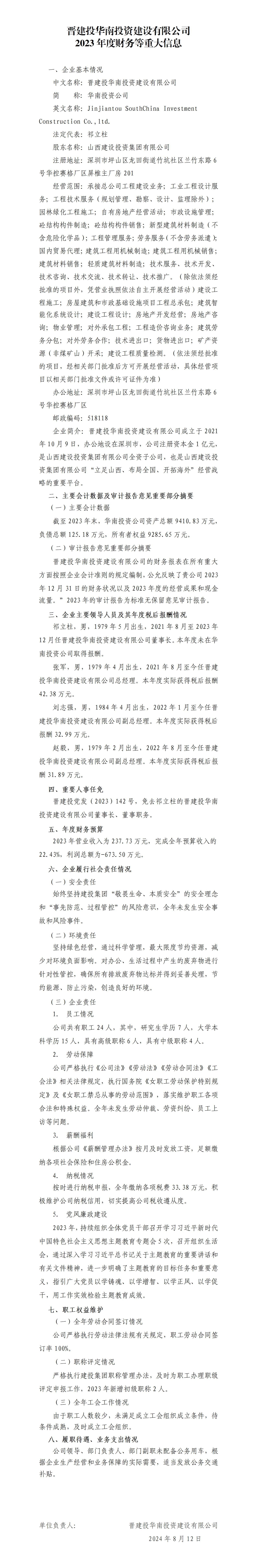 晋建投华南投资门徒娱乐有限公司2023年度财务等重大信息
