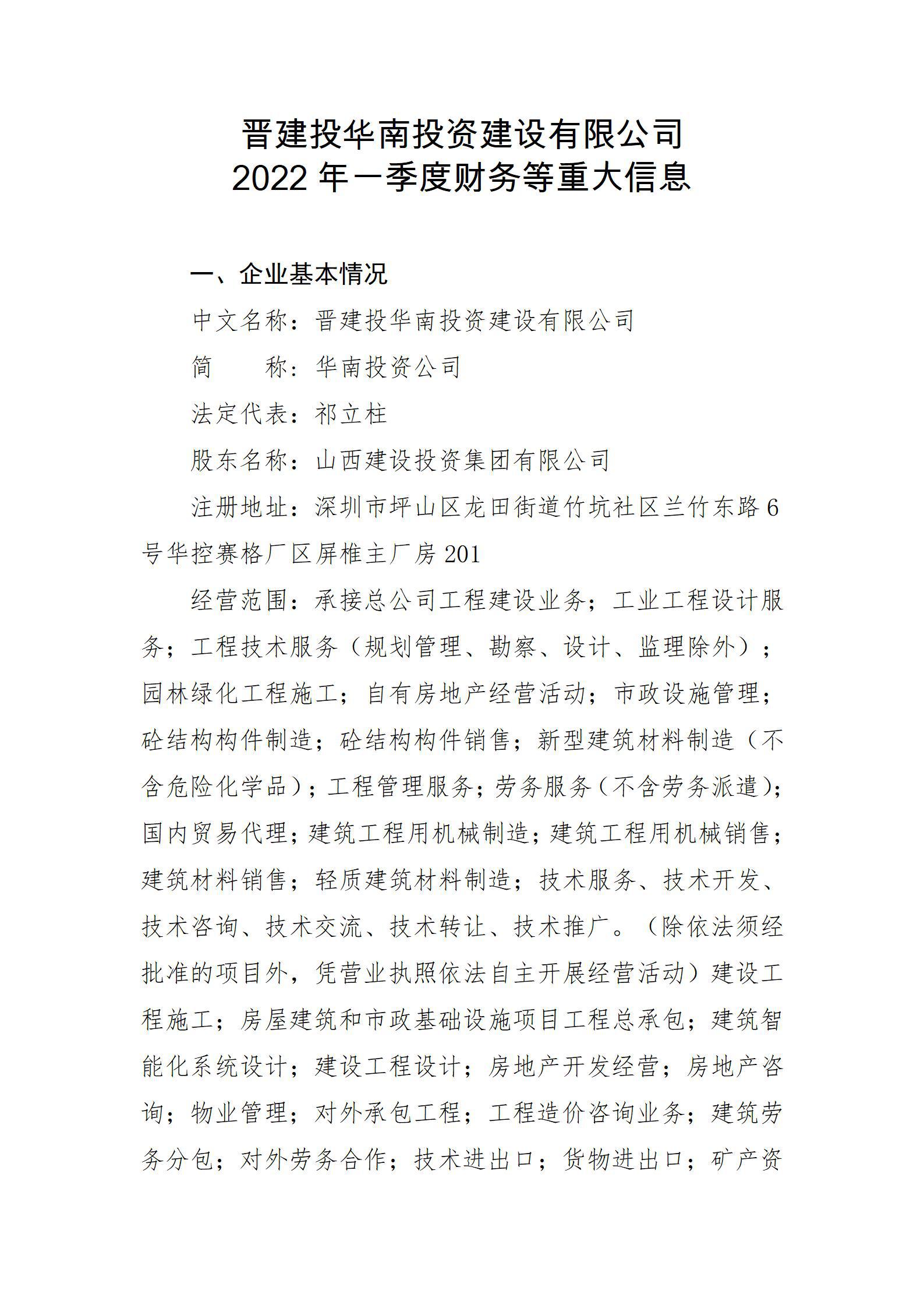 晋建投华南投资门徒娱乐有限公司2022年一季度财务等重大信息