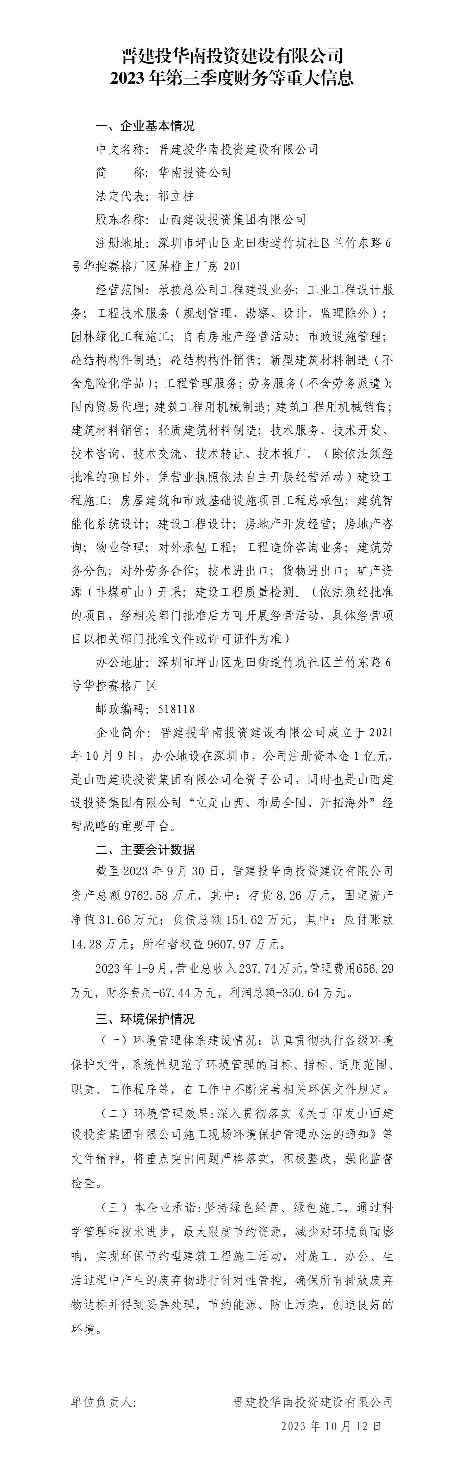 晋建投华南投资门徒娱乐有限公司2023年第三季度财务等重大信息