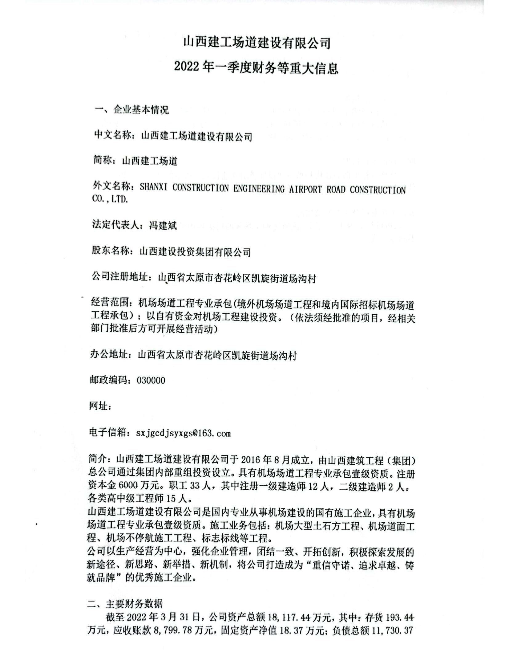 山西建工场道门徒娱乐有限公司2022年一季度财务等重大信息
