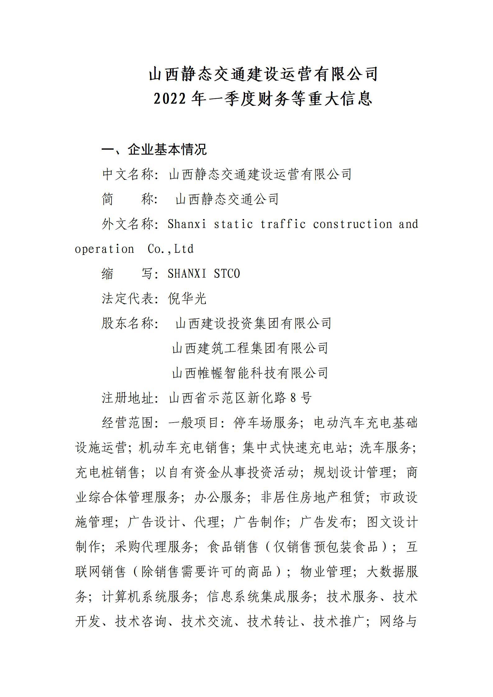 山西静态交通门徒娱乐运营有限公司2022年一季度财务等重大信息