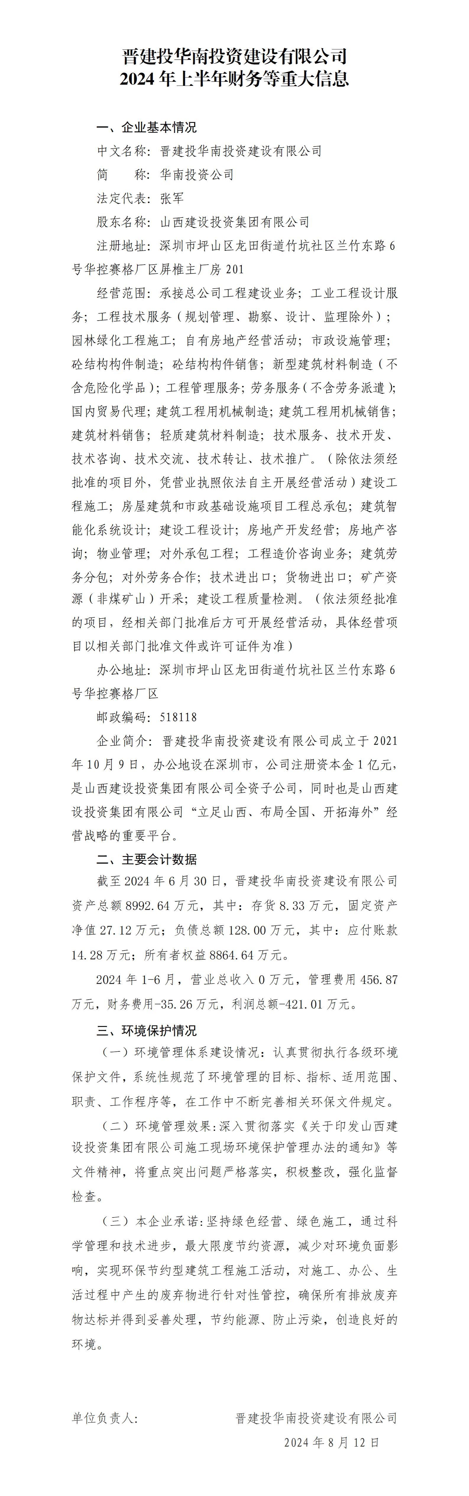 晋建投华南投资门徒娱乐有限公司2024年上半年财务等重大信息