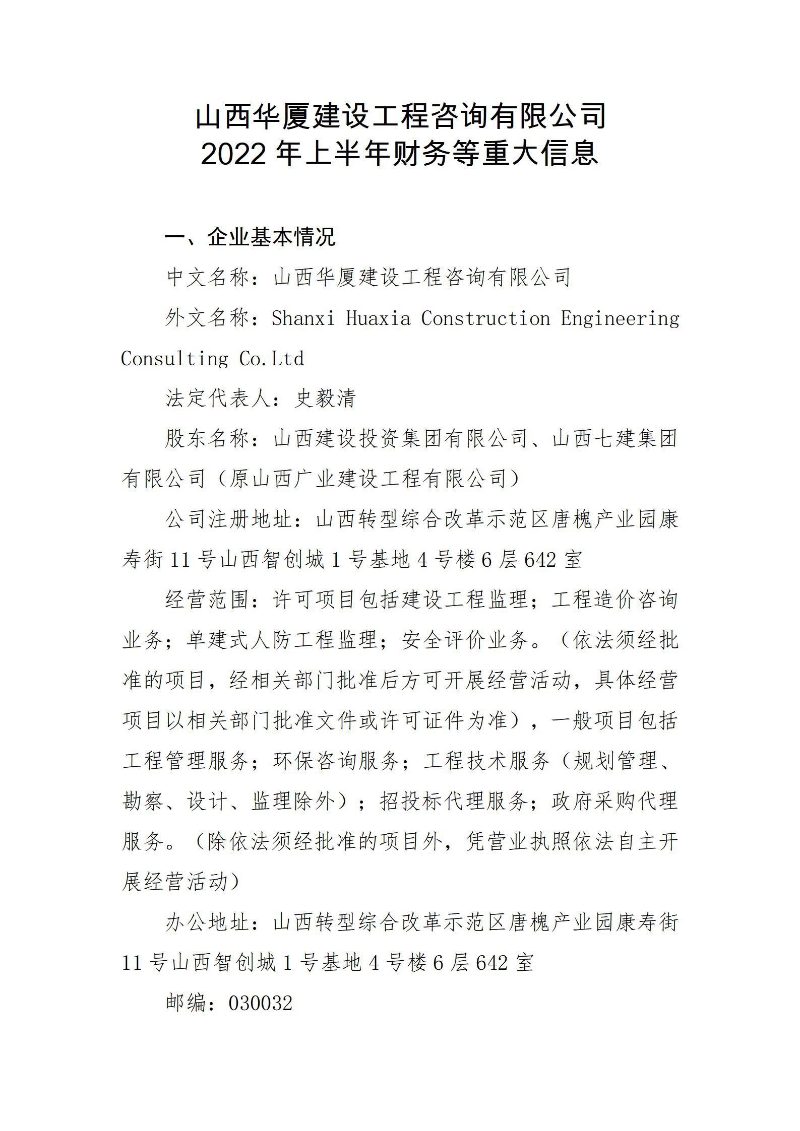 山西华厦门徒娱乐工程咨询有限公司2022年上半年财务等重大信息