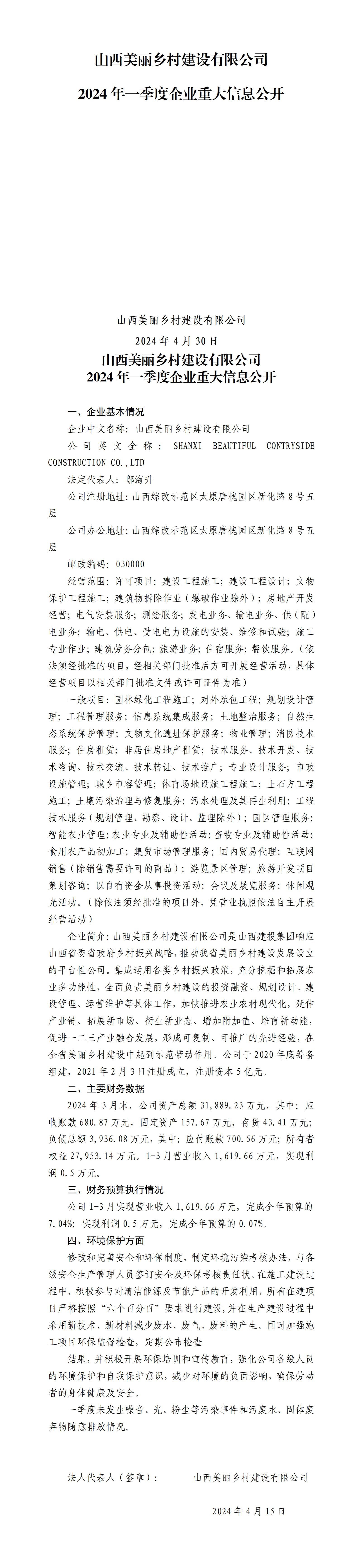 山西美丽乡村门徒娱乐有限公司2024年一季度企业重大信息公开